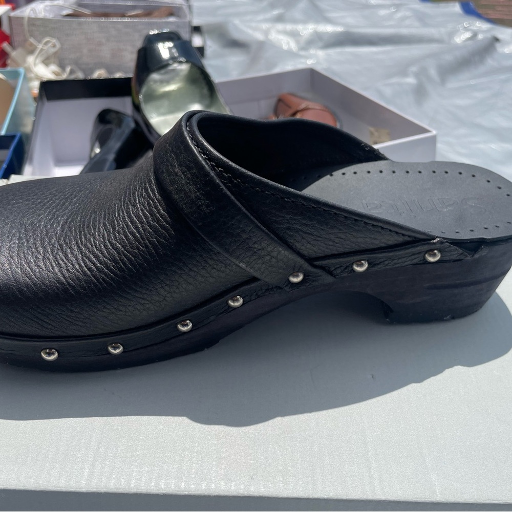 Sanita Black Leather Clogs